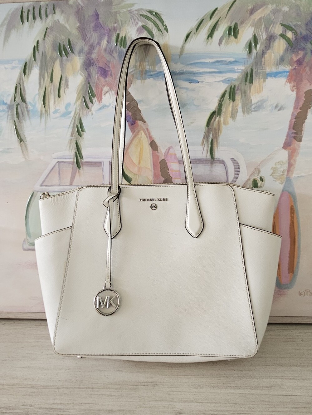 Michael Kors white tote bag Marilyn Medium Saffiano leather top-zip, great cond. - Picture 2 of 15